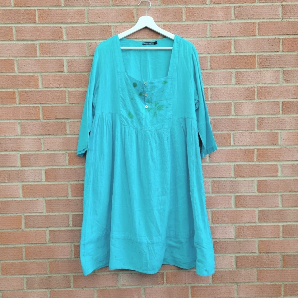 Gudrun Sjoden Flowy Gauze Cotton Lightweight Dress Embroidered Aqua Large